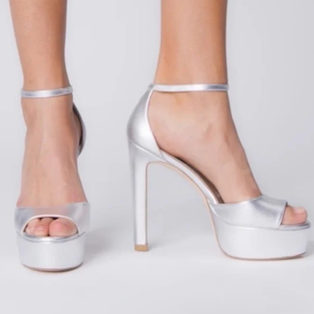 Stuart Weitzman Silver Platform Ankle-Strap Sandals